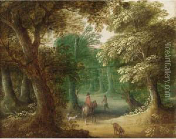 Wooded Landscape With A Horseman On A Path Oil Painting - Jasper van der Lamen