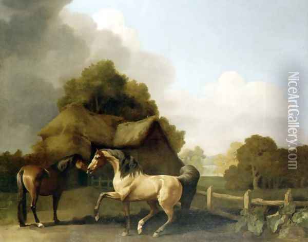 A Roan Stallion and a Bay Mare, 1769 Oil Painting - George Stubbs