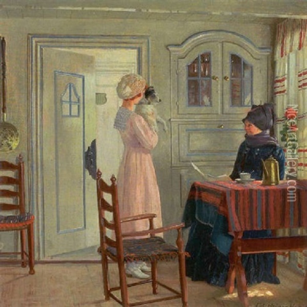 Fanointerior Med Kvinder Og Lille Hund Oil Painting - Adolf Heinrich Claus Hansen