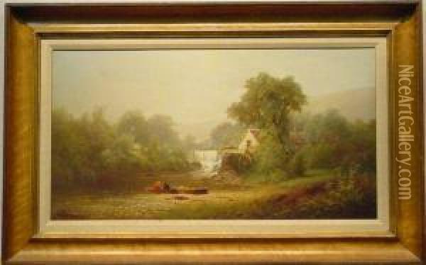 Mill Beside A Waterfall Oil Painting - Andrew Fisher Bunner