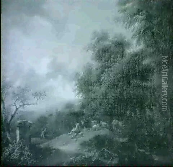 Skogslandskap Med Herde Och Boskap, Rastande Vid Milstolpe Oil Painting - Christian Wilhelm Ernst Dietrich