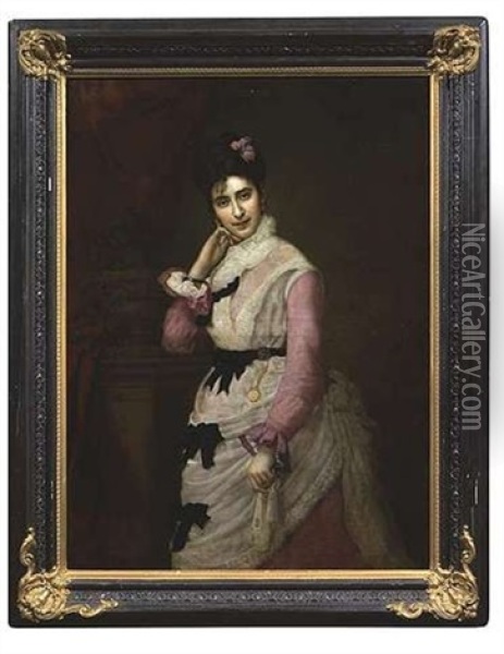 Bildnis Einer Dame Im Fliederfarbenen Kleid, Die Sich Auf Einem Postament Abstutzt Oil Painting - Eduard Charlemont