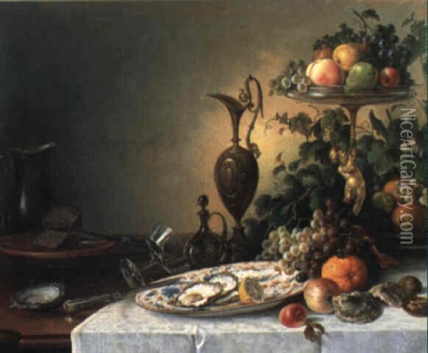 Still Life Of Fruit And Other Objects On Draped Table Oil Painting - Jan Jacob Fels