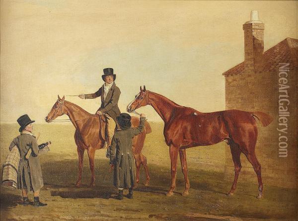 Yellowhammer With Owner On Horseback And Attendant Grooms Oil Painting - Benjamin Marshall