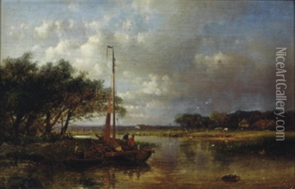 River Landscape With A Sailing Boat Oil Painting - Abraham Hulk the Elder
