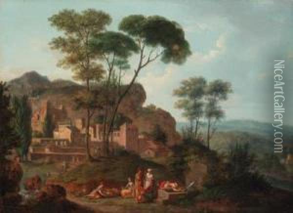 An Italianate Landscape With Figures Resting By A Fountain, A Townbeyond Oil Painting - Nicolas-Didier Boguet