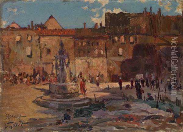 Town Square In Lobenicht Oil Painting - Leon Bakst
