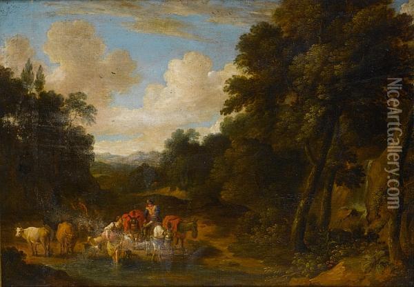 A Wooded Landscape With A Horseman Andshepherdess Fording A Stream Oil Painting - Martinus De La Court