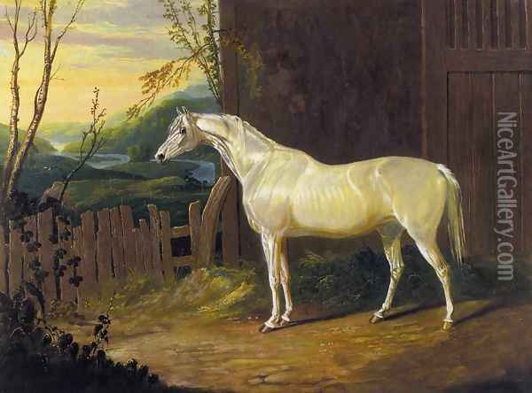 A Gray Arab Mare outside a Stable in an Extensive River Landscape Oil Painting - John Frederick Herring Snr
