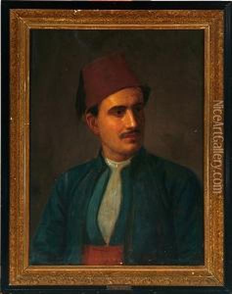 A Turkish Man With A Red Fez. Signed Monogram. Oil On Canvas. 66 X 48 Cm Oil Painting - August Heinrich Schiott