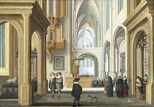 Elegant Figures in Church Oil Painting - Dirck Van Delen