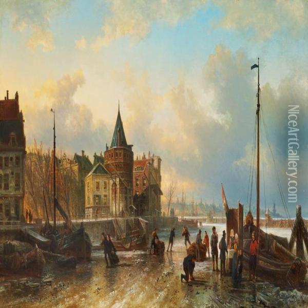 People In A Dutch Harbour Oil Painting - Elias Pieter van Bommel