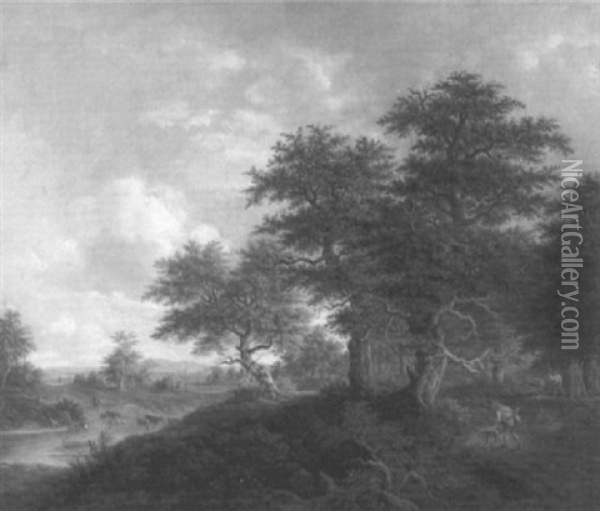 Waldige Landschaft Mit Jager Und Kuhherde An Einem Gewasser Oil Painting - Johann Jakob Dorner the Younger