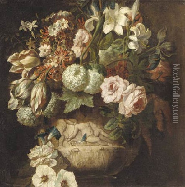 Roses, Tulips, Daffodils, Chrysanthemums, Morning Glory, Narcissi And Other Flowers In An Urn Decorated With Putti Oil Painting - Rachel Ruysch