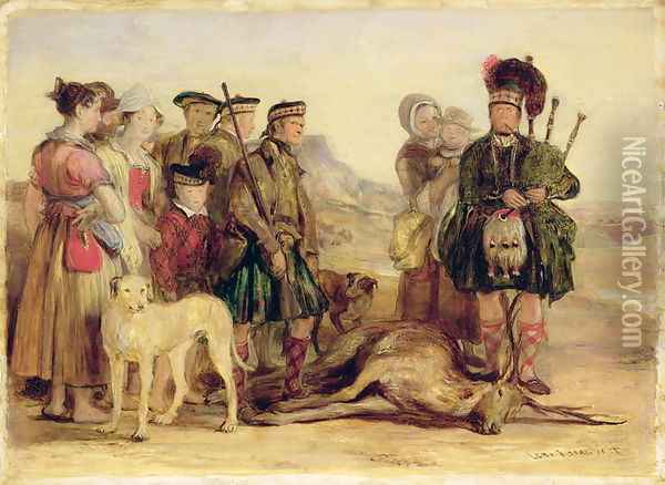 The Death of the Red Deer, with McIntyre and McGregor, Stalker and Piper to the Duke of Atholl, 1821 Oil Painting - Sir David Wilkie