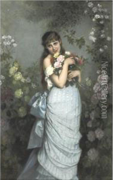 A Young Woman With Roses Oil Painting - Auguste Toulmouche