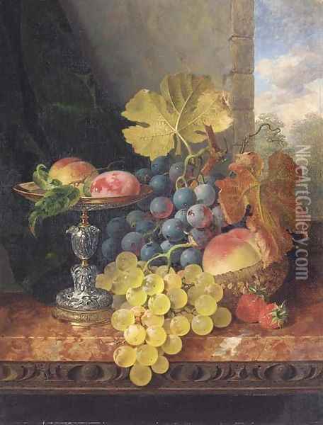 Still life with plums in a silver tazza, a peach, black and white grapes in a basket, and strawberries on a marble ledge Oil Painting - Edward Ladell