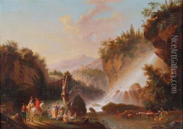 Anextensive Mountainous Landscape With Travellers And Waterfall Oil Painting - Richard Wilson