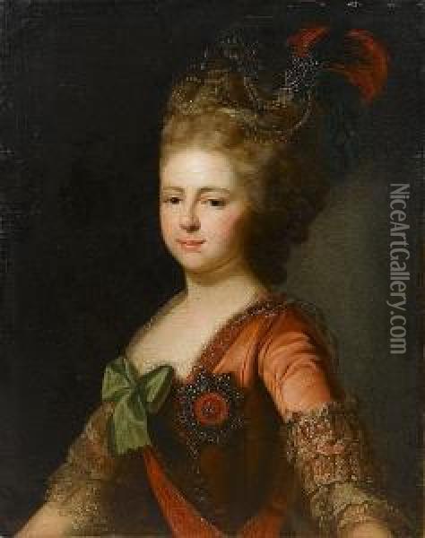 Portrait Of Archduchess Maria 
Feodorovna, Half-length, In A Coral, Lace-trimmed Dress With A Green 
Bow, Wearing The Imperial Order Of St. Catherine The Great Martyr Oil Painting - Alexander Roslin