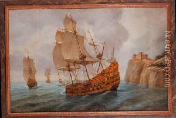 Trois Navires Pres Dune Cote Oil Painting - Henri Joseph Van Blarenberghe