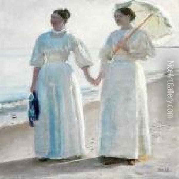 Minne And Sophie Holst In Light Summer Dresses On Skagen Beach Oil Painting - Michael Ancher