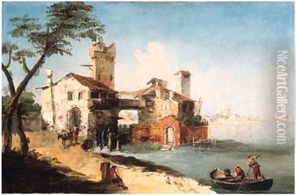Capricci of the Venetian Lagoon, with boatmen and peasants Oil Painting - Michele Marieschi