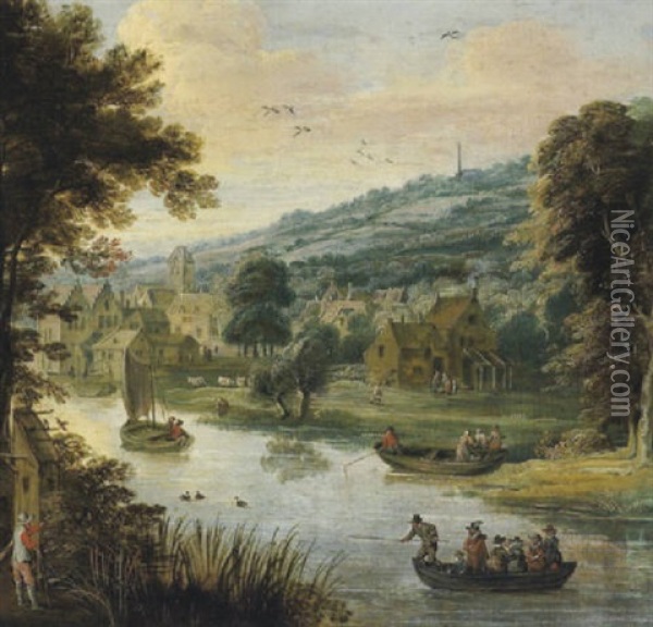 Dorf An Einem Flus Mit Booten Und Figuren Oil Painting - Frans de Momper