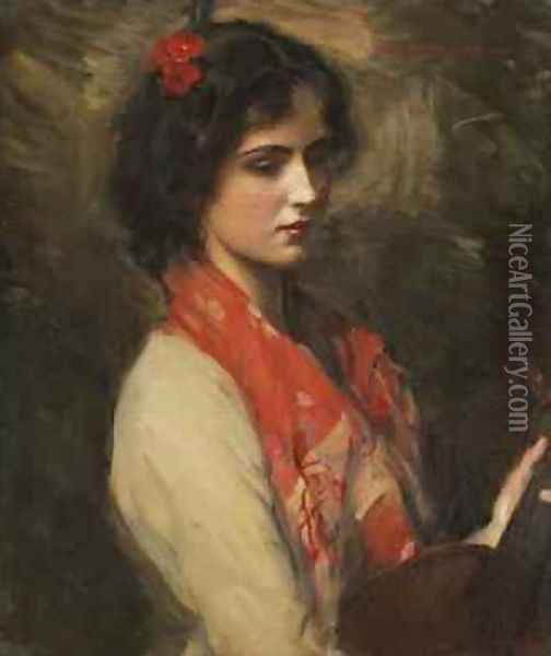 Young Woman with Mandolin 1901 Oil Painting - Harrington Mann