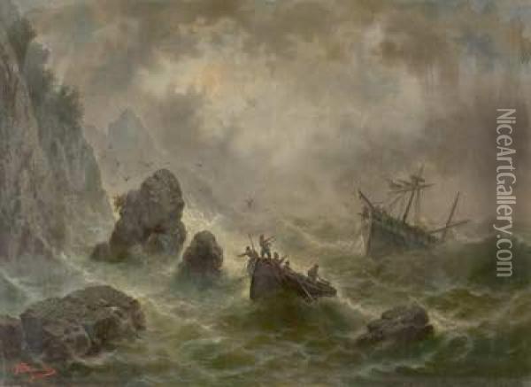 Schiffbruchige Vor Der Kuste Oil Painting - Auguste Antoine Fleury
