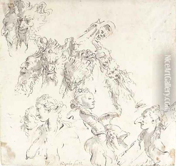 The heads of satyrs, women and other studies Oil Painting - Giovanni Battista Tiepolo