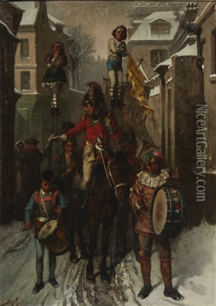 The Circus Coming Into Town On A Snowy Evening Oil Painting - Pierre-Marie Beyle