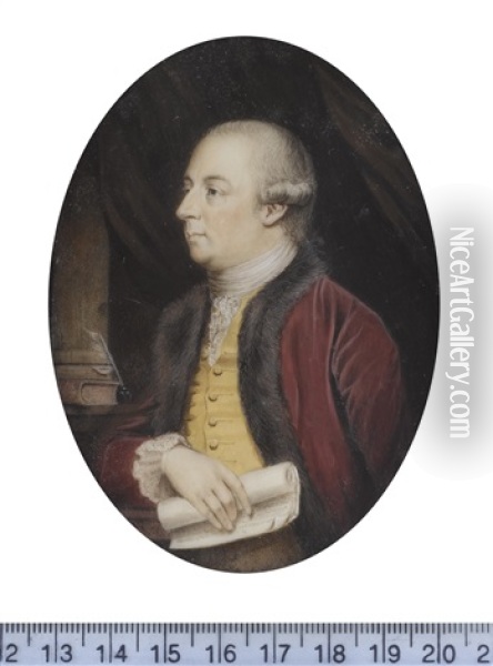 Thomas Pennant (1726-1798), Wearing Crimson Coat With Fur Trim, Yellow Waistcoat, White Frilled Chemise, Stock And Lace Cravat, His Hair Worn En Queue And Tied With Black Ribbon Oil Painting - Samuel Rickards