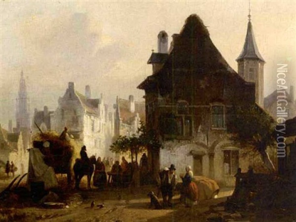 A Busy Day In Antwerp Oil Painting - Jean (Jan) Michael Ruyten