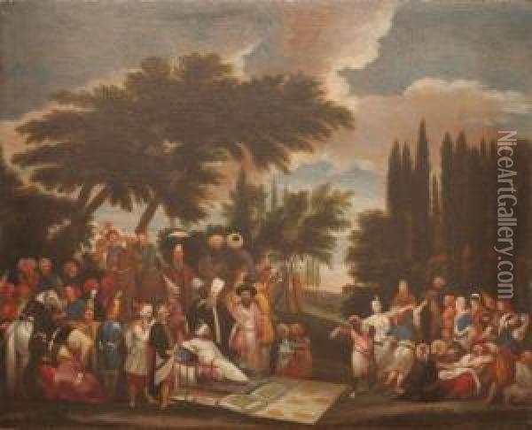 Les Preparatifs De La Chasse Du Sultan Ahmed Iii Oil Painting - Jan-Baptiste Vanmour