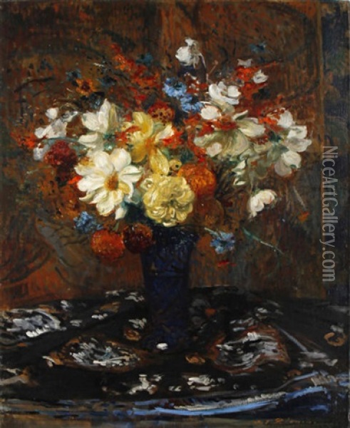 Still Life Of Flowers In A Blue Vase Oil Painting - Jacques-Emile Blanche