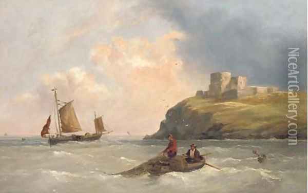Fishermen pulling in their nets off a fortified headland Oil Painting - Henry King Taylor