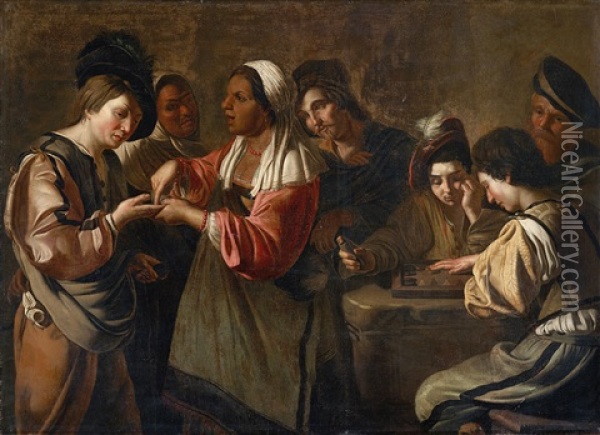 The Fortune Teller With A Group Of Players Oil Painting - Bartolomeo Manfredi
