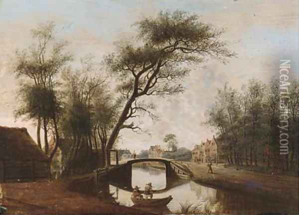 A river landscape with a fisherman in a boat before a bridge, a town beyond Oil Painting - Rafael Govertsz. Camphuysen