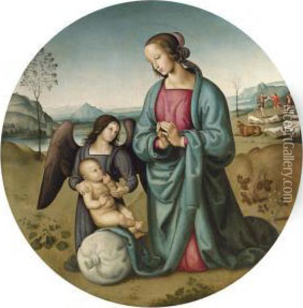 The Madonna And Child With An Angel In A Landscape Oil Painting - Pietro Perugino