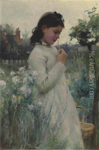 A Young Girl In A Garden Oil Painting - Alfred Glendening Jr.