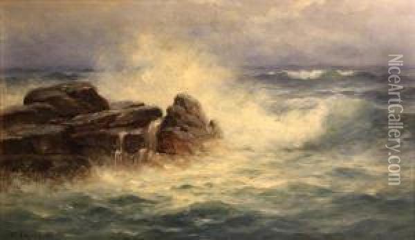 Waves Crashing On A Rocky Coast Oil Painting - Nels Hagerup