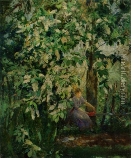 En Ung Kvinde Pa En Baenk Under Et Blomstrende Trae I En Park Oil Painting - Ernest Borough Johnson