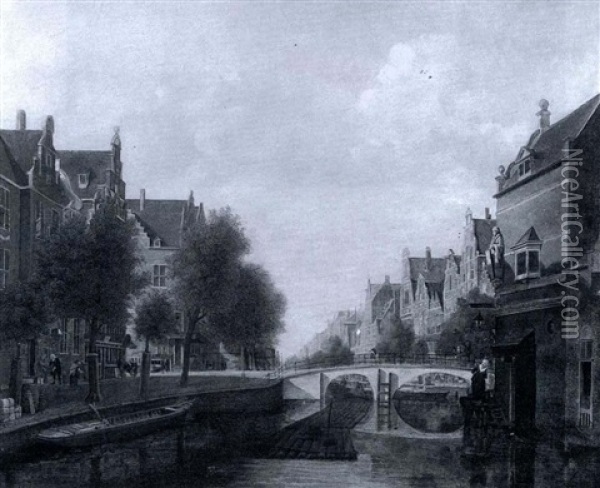 A View Of A Canal In Amsterdam Oil Painting - Johannes Huibert (Hendric) Prins