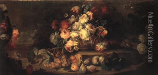 Bouquet De Fleurs Et Fruits Disposes Dans Un Paysage Oil Painting - Michele Antonio Rapous
