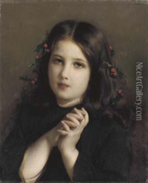 A Young Girl With Holly Berries In Her Hair Oil Painting - Etienne Adolphe Piot