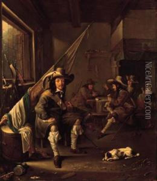 An Ensign Seated By A Barrel In A
 Guardroom, Officers Playing Atcards By A Chimney Beyond Oil Painting - Jacob Duck