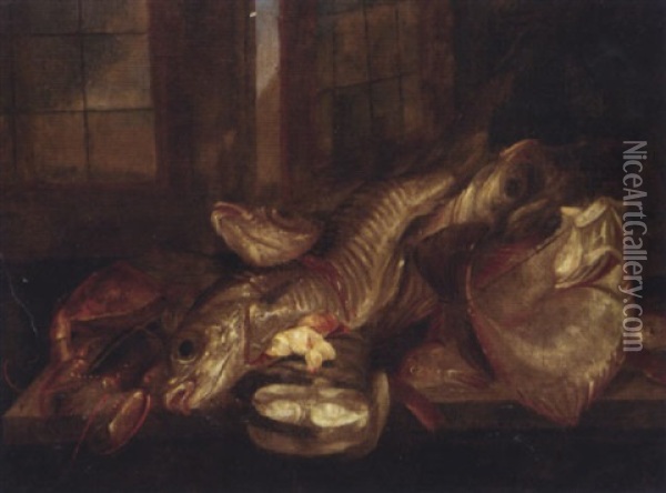 Fish, Lobster And Crab On A Table Before A Window Oil Painting - Abraham van Beyeren