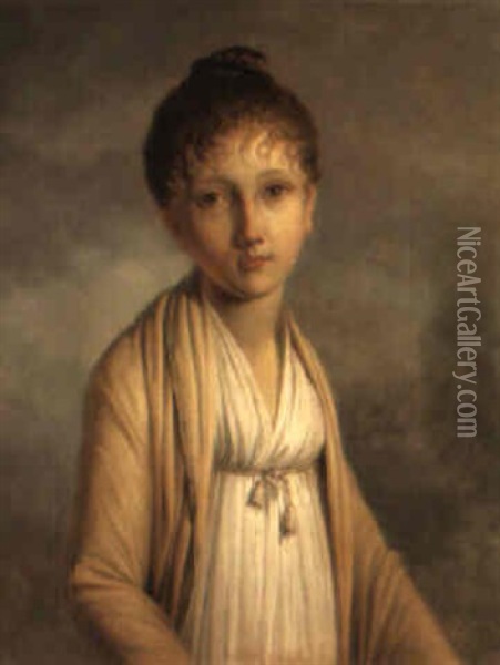 Portrait D'une Jeune Fille Portant Une Robe Blanche Et Un Gilet Beige Oil Painting - Francois Jean (Jean Francois) Sablet