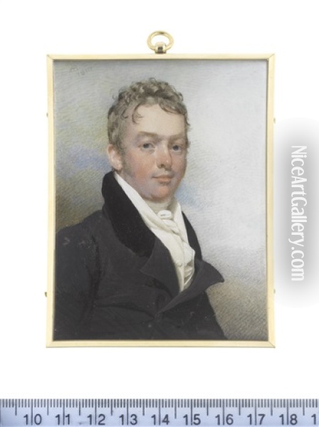 A Gentleman Of The Harwood Family, Wearing Dark Grey Coat With Black Collar, White Waistcoat, Frilled Chemise, Stock And Cravat Oil Painting - Andrew Robertson
