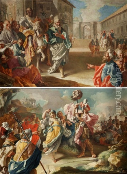 Scene Bibliche: Trionfo Di David; Trionfo Di Mardocheo; Ritrovamento Di Mose; Trionfo Di Giuditta; Ester E Assuero (5 Works) Oil Painting - Lorenzo De Caro